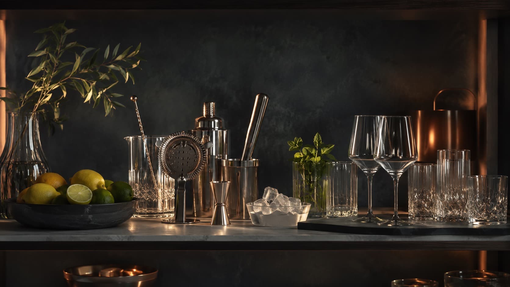A considered home bar shelf with tools and glassware, without bottles