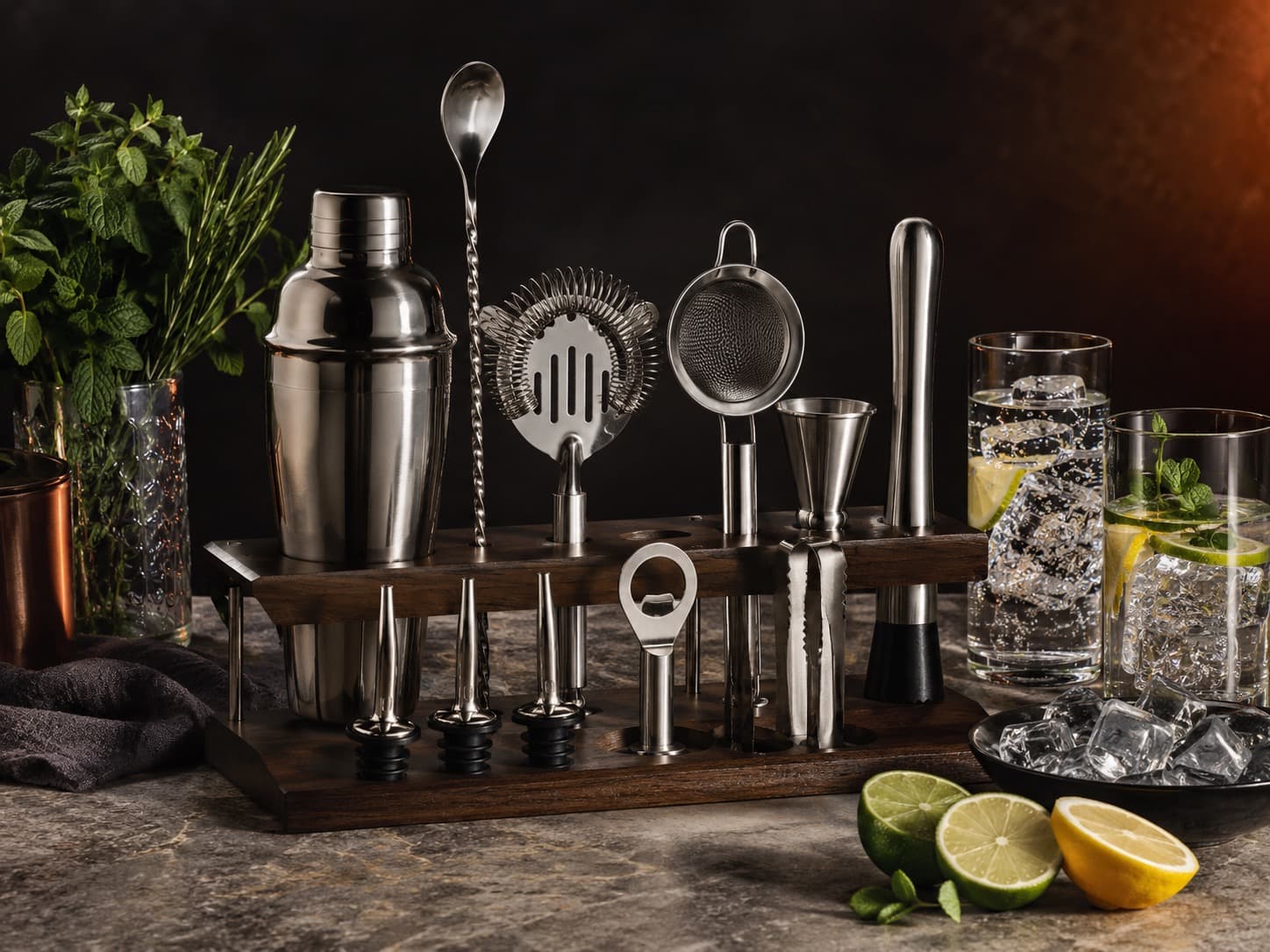 12-Piece Bartender Tool Set arranged on a dark stone surface