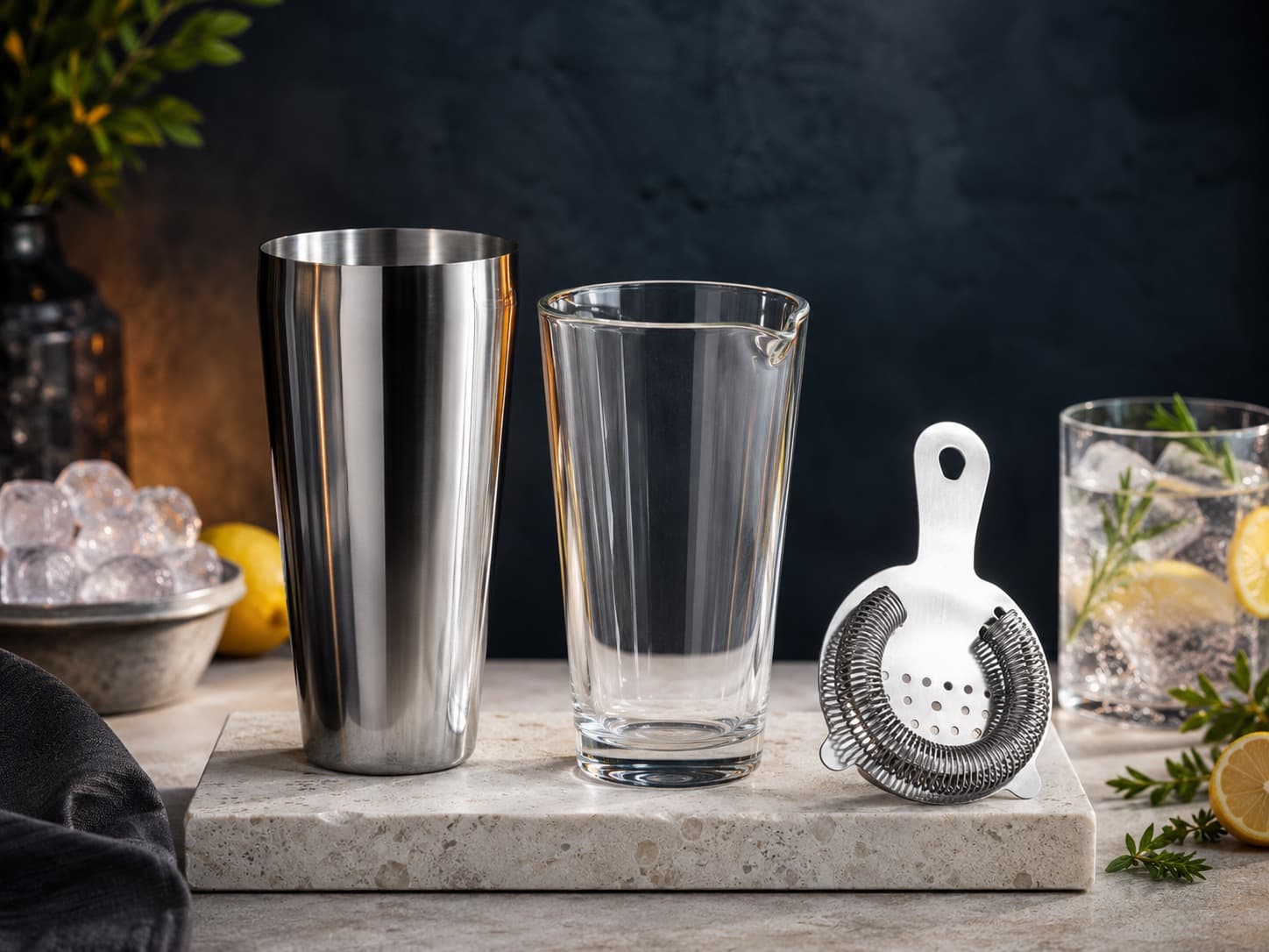 Boston Shaker Pro Set arranged on a dark stone surface