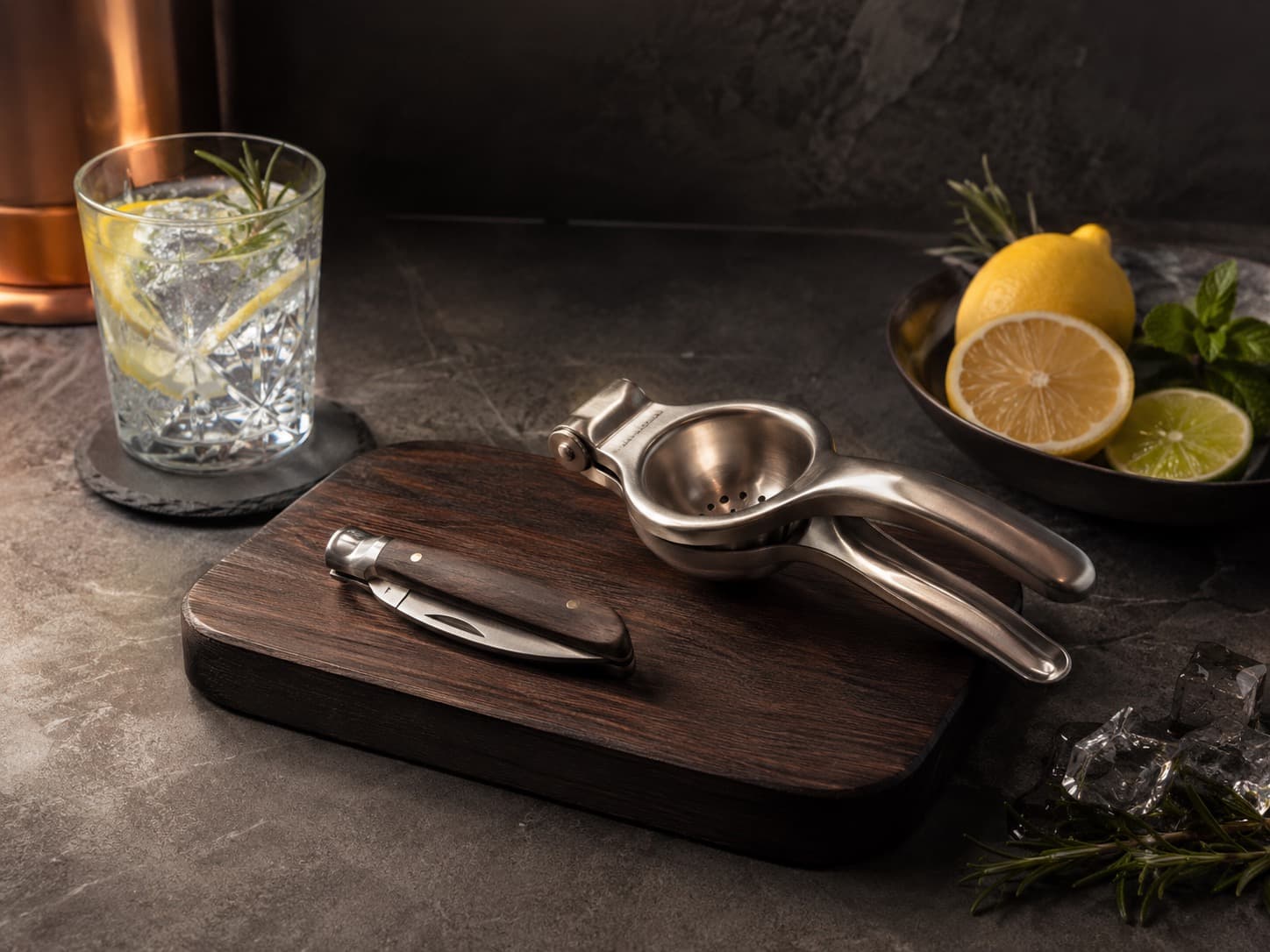 Garnish Prep Board Set arranged on a dark stone surface