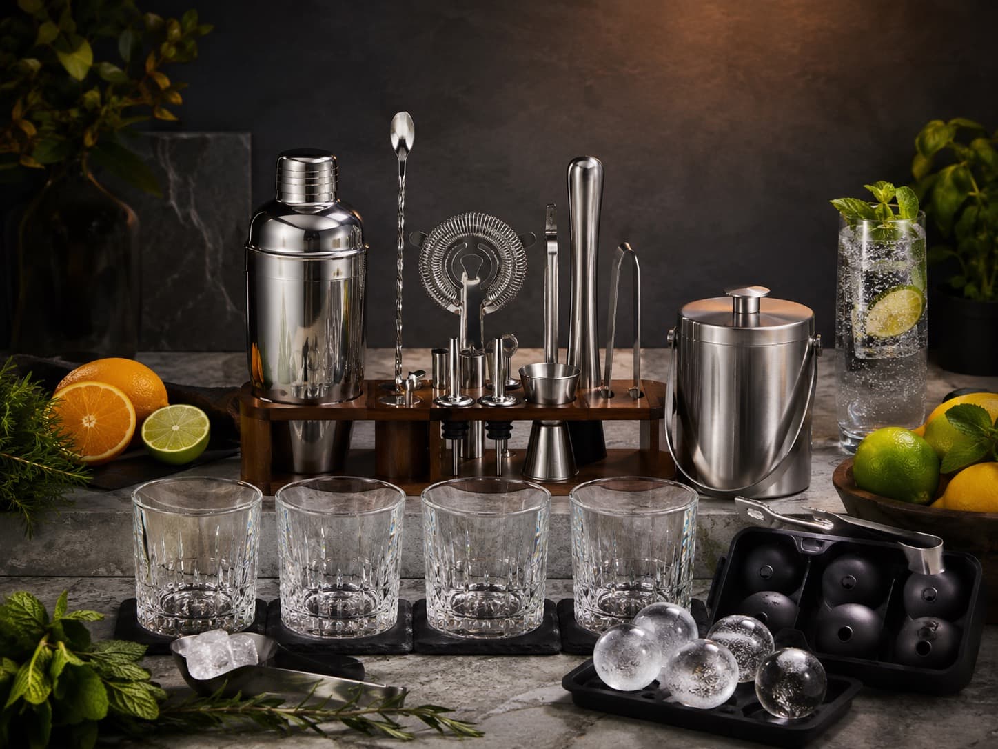 Home Bar Complete Set arranged on a dark stone surface